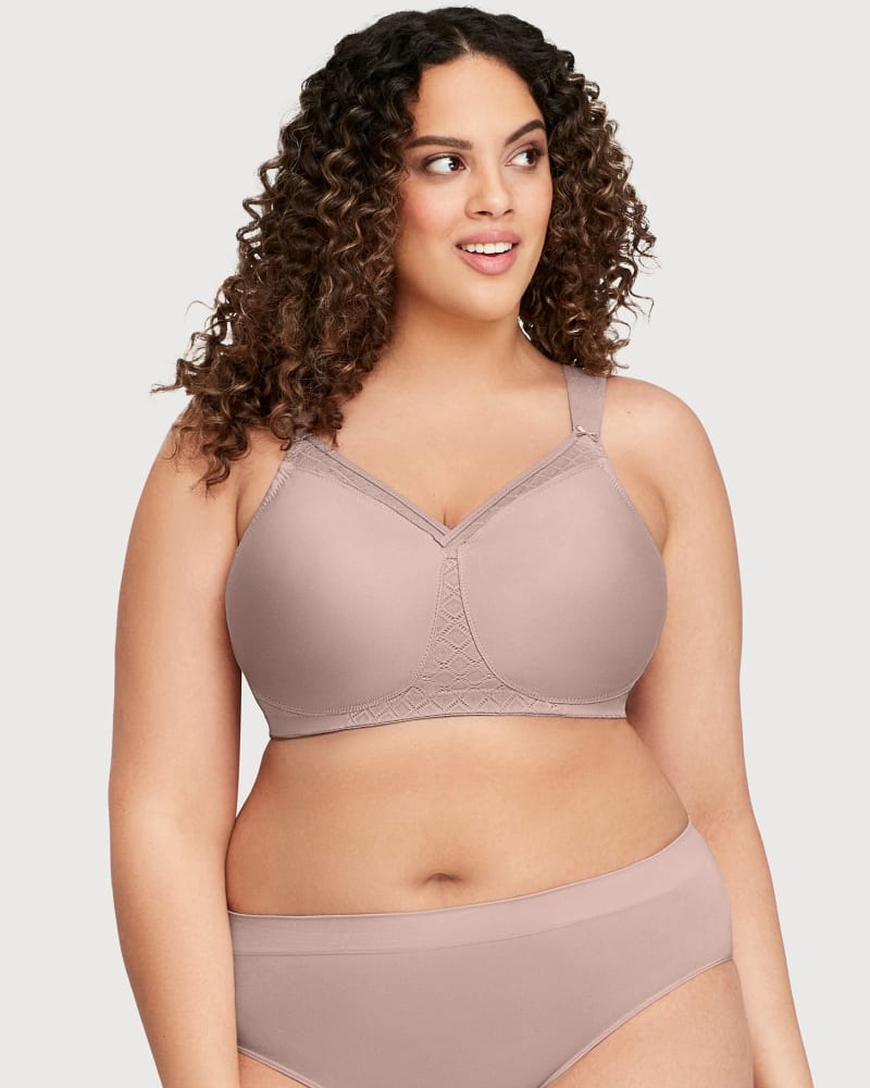 Front of a model wearing a size 46G MagicLift Seamless Support T-Shirt Bra in Taupe by Glamorise. | dia_product_style_image_id:263049